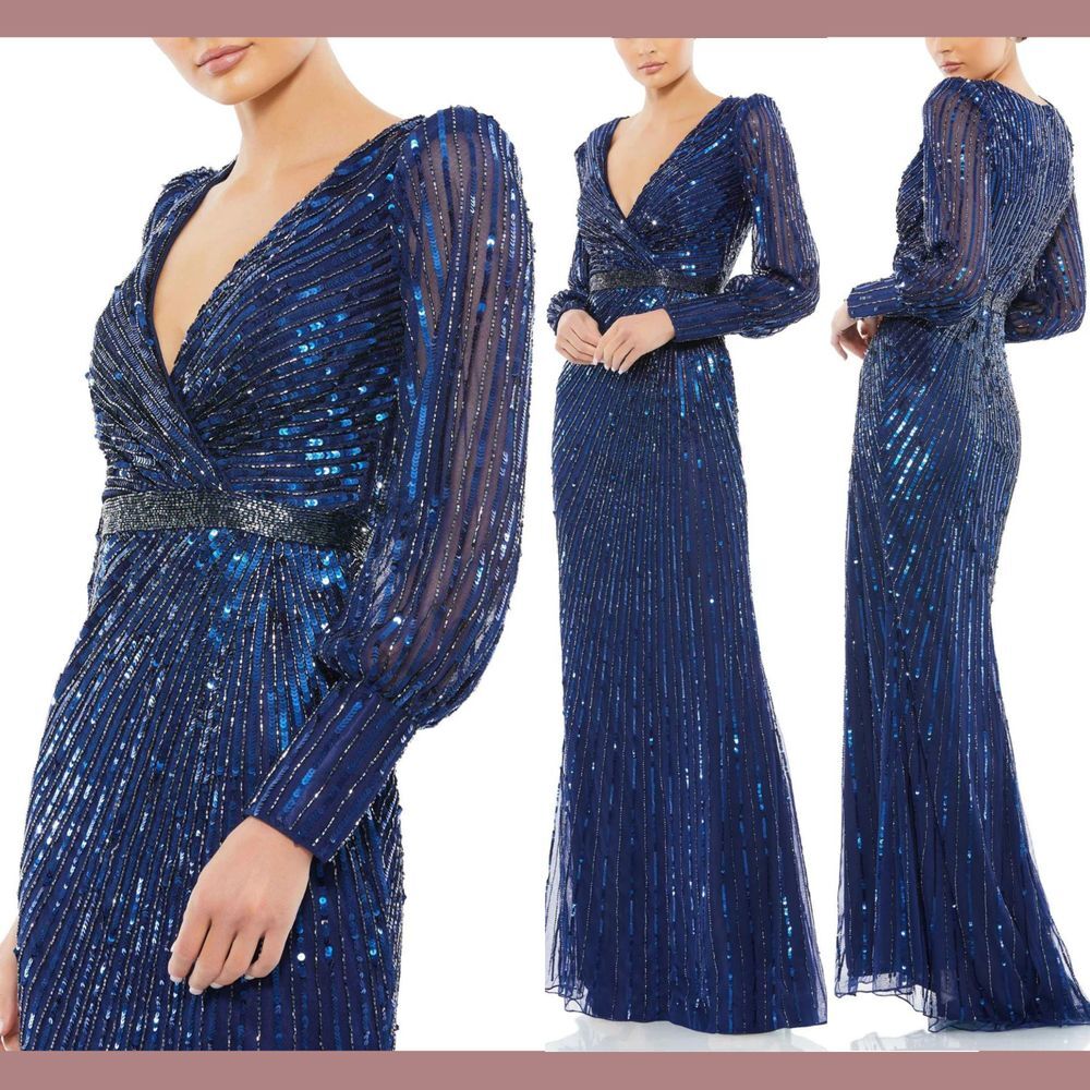 NWT $598 Mac Duggal [ 12 ] Sequined Wrap Over Bishop Sleeve Gown Mid Blue‎ #Q830
